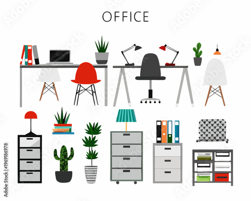 Modern office furniture arrangement with desks chairs and indoor plants