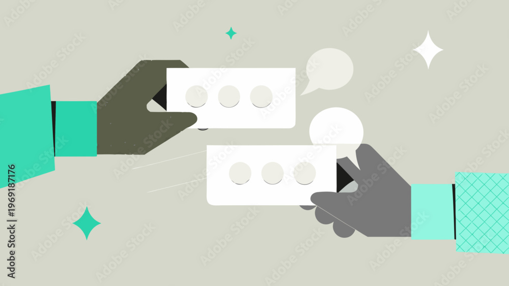 Fototapeta premium Hands exchanging white cards with holes amidst abstract shapes