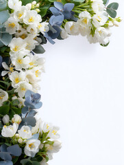Floral border with white blossom flowers and eucalyptus leaves, wedding background, copy space