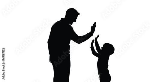 Silhouettes of a father and child high-fiving, depicting family joy in a vector graphic illustration