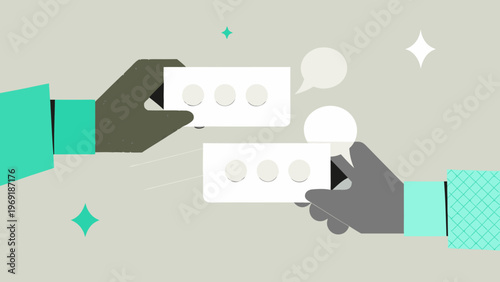 Hands exchanging white cards with holes amidst abstract shapes