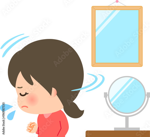 鏡から顔を背ける若い女性