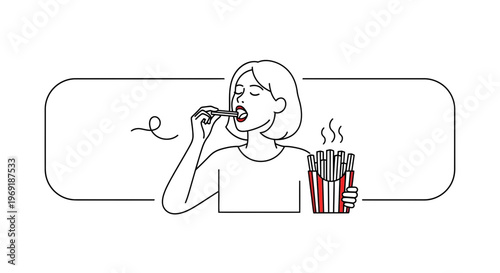 Woman savoring hot crispy french fries a delightful moment of quick snack indulgence and comfort