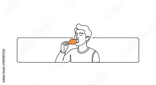 Young man relishing a delicious fried chicken drumstick in a minimalist continuous line art style