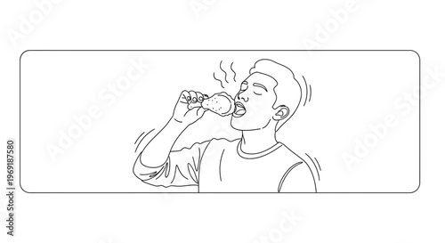 Outline illustration of a young man savoring a delicious piece of hot fried chicken drumstick with