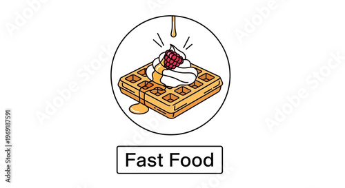 Charming illustrated golden waffle with whipped cream, raspberry, and sweet syrup drizzle icon