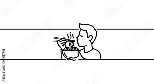 Minimalist line art illustration of a person enjoying hot noodles with chopsticks, depicting a