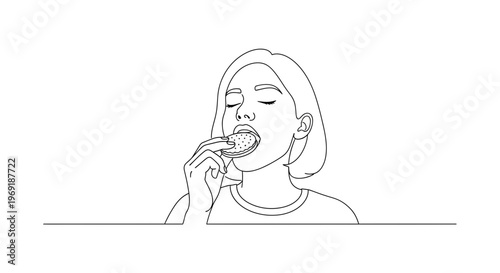 Minimalist line art illustration of a short-haired woman savoring a tasty treat with her eyes