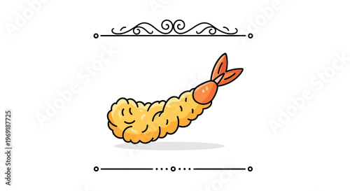 Crispy golden fried tempura shrimp illustration with delicate ornamental details for culinary themes