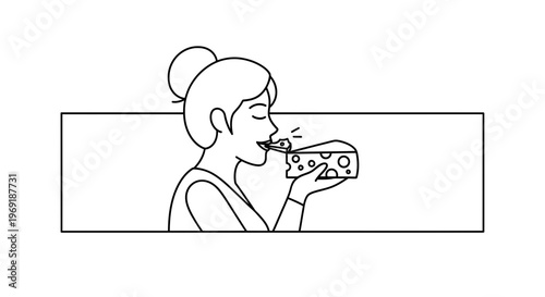 Delightful monochrome illustration of a woman savoring a delectable piece of Swiss cheese