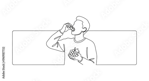 Minimalist continuous line drawing of an individual enjoying a healthy snack of fresh grapes
