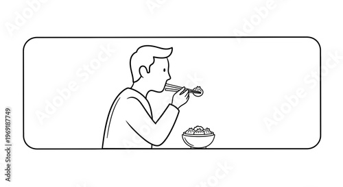 Minimalist line drawing of an individual using chopsticks to enjoy a satisfying meal of dumplings
