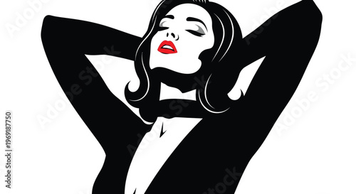 Pop art style vector illustration of a stylish woman relaxing with hands behind her head, featuring red lips.
