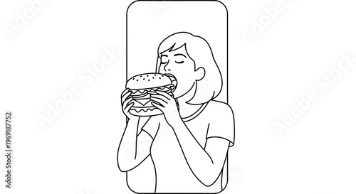 Joyful woman enjoying a delicious burger, hand-drawn vector illustration of fast food pleasure