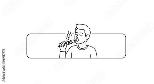 Minimalist line art illustration of a person delighting in a steaming skewer meal, capturing a