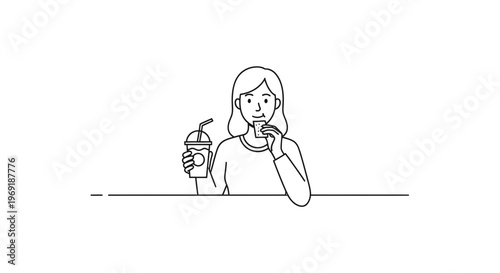 Minimalist line art illustration of a smiling woman enjoying a delightful snack and cold beverage