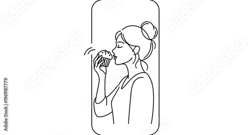 Elegant line art illustration of a woman enjoying the delightful aroma of a freshly baked cupcake