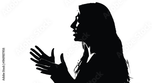 Vector silhouette of a young woman passionately communicating with open hands, conveying ideas and engaging dialogue.