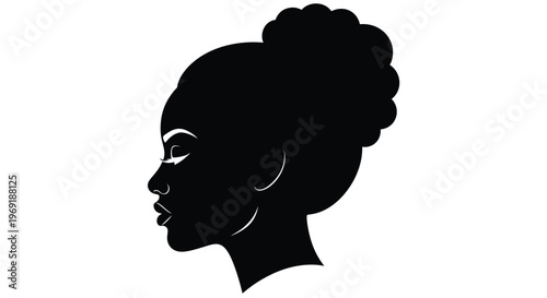 Elegant black vector silhouette illustration of a woman's profile with hair in a stylish bun design.