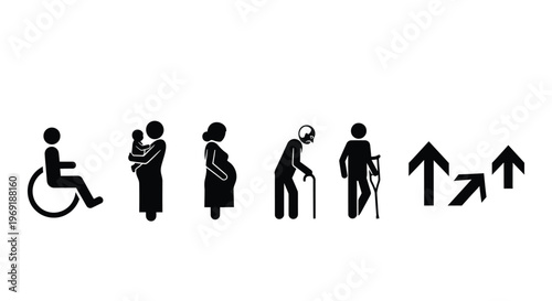 Inclusive vector design showing priority icons for diverse people needing accessibility and special assistance.