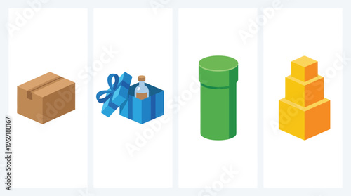 Four isometric illustrations of various packaging and container types, including a cardboard box, a gift box with a bottle, a green cylinder, and a yellow tiered stack.