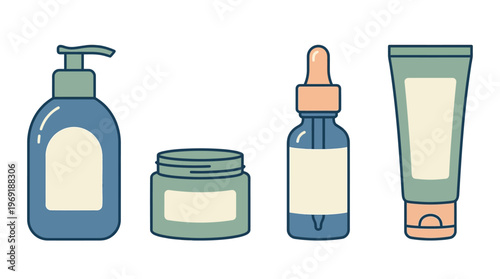 A collection of various skincare and cosmetic product containers, including a pump bottle, a jar, a dropper bottle, and a squeeze tube, depicted in a clean, minimalist line art style.
