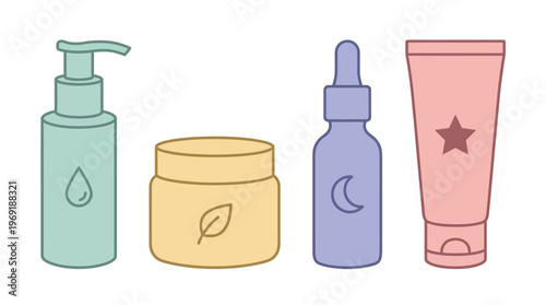 Illustration of various pastel-colored skincare and cosmetic product containers including a pump bottle, jar, dropper bottle, and squeeze tube with simple icons.