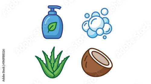 A collection of four icons representing natural skincare ingredients and hygiene products, including a pump bottle, bubbles, aloe vera, and a coconut.