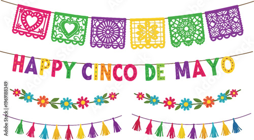 Colorful Happy Cinco de Mayo banners and decorations with traditional papel picado, floral garlands, and playful tassels.