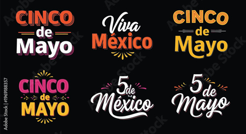 Vibrant collection of diverse Cinco de Mayo and Viva México typographic designs, featuring festive lettering and decorative elements on a stark black background.