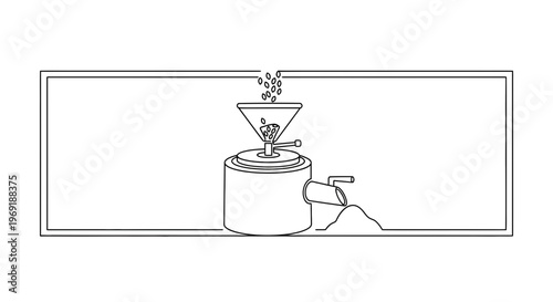 Continuous line art depicting a traditional grain mill grinding whole kernels into fine flour powder
