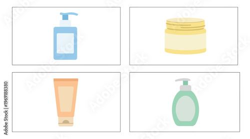 A collection of four generic illustrations of various cosmetic and personal care product containers, including pump bottles, a jar, and a tube.