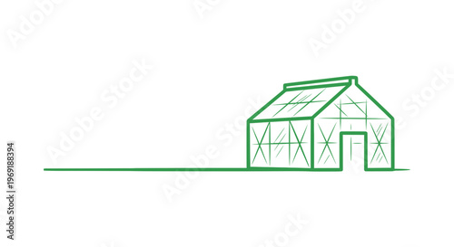 Minimalist green line art illustration of a garden greenhouse for cultivation and sustainable