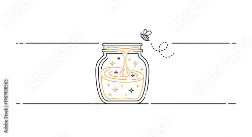 Elegant line art of pure golden honey pouring into a jar, visited by a busy bee