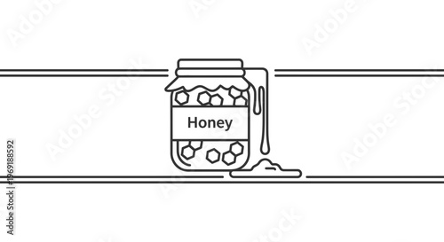 Minimalist line art illustration featuring a honey jar with dripping liquid and honeycomb cells,