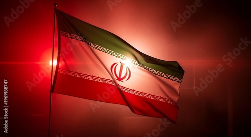 Iranian Flag Waving Proudly Under a Dramatic Red Light with Lens Flare Effect
