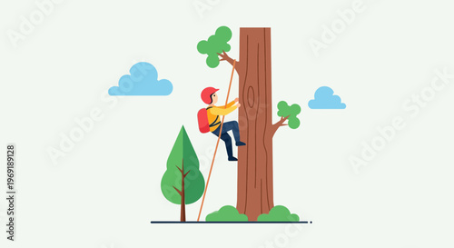 Vibrant Flat Illustration of an Arbonaut Skillfully Ascending a Tall Tree with Rope