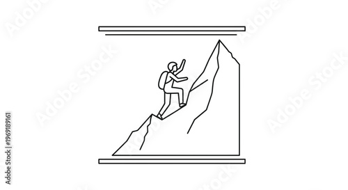 Minimalist line art illustration of an individual ascending a challenging rocky mountain peak,