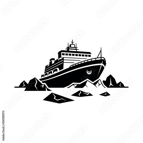 Icebreaker ship navigating through icy waters.