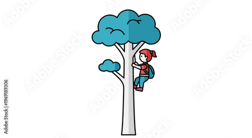 Vibrant illustration of a young adventurer scaling a lush blue tree with determination and playful