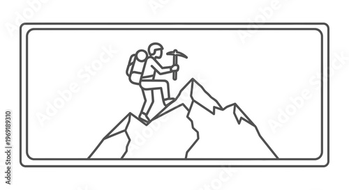 Determined climber ascending a jagged mountain peak, depicted in a crisp minimalist line art
