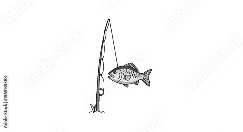 Simple cartoon illustration of a fish caught on a fishing rod against a clean white background