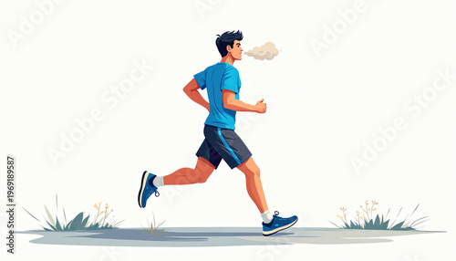 Man runs outdoors breathing heavily. He wears blue t shirt and dark shorts. Fitness runner trains cardio at sunny day. Active male jogger performs workout.