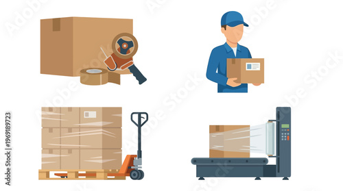 Illustrations depicting various stages of packaging, shipping, and logistics, including packing boxes, a delivery person, palletized goods, and stretch wrapping.