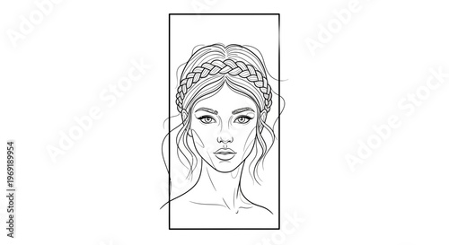 Artistic monochrome illustration of a woman's face adorned with a beautiful braided hair circlet