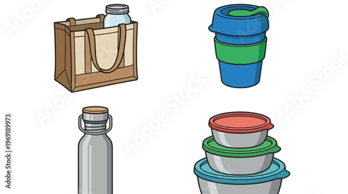 A collection of reusable items for an eco-friendly lifestyle, including a tote bag, coffee cup, water bottle, and food containers.