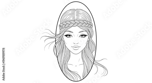 Elegant line art portrait of a woman with braided hair and flowing locks inside an oval frame on