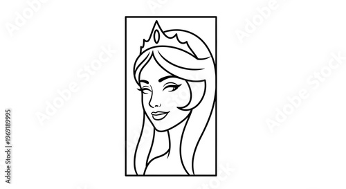 Elegant female portrait with a royal crown, symbolizing grace and majestic beauty in simple line art