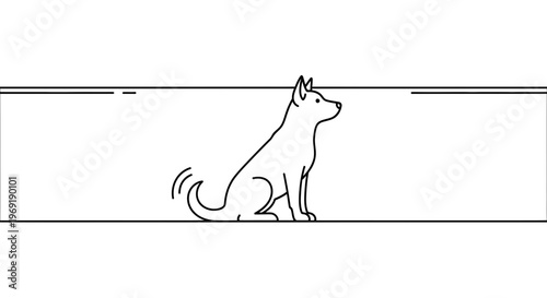 Clean minimalist line art illustration of a loyal domestic dog with a wagging tail sitting