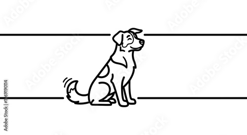 Playful monochrome drawing of an obedient dog sitting attentively with a wagging tail